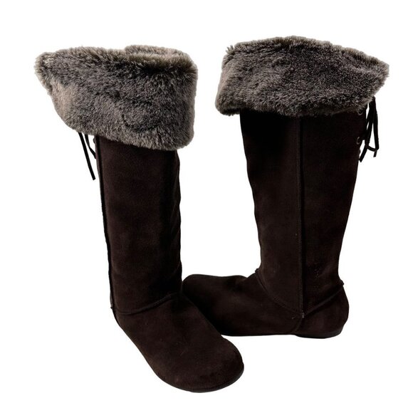 Khombu Tall knee high boots with Faux Fur Back Tie Up  Brown Suede Boots 7 1/2 - Picture 1 of 10